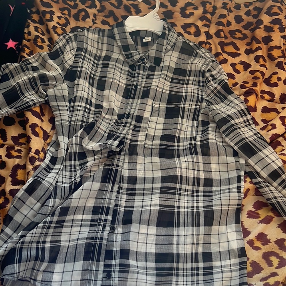 Plaid black and white see through shirt size m